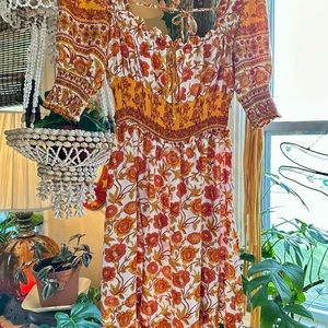 Boho Summer Dress Square Neck Floral Backless Cotton Sundress ~ like new - M
